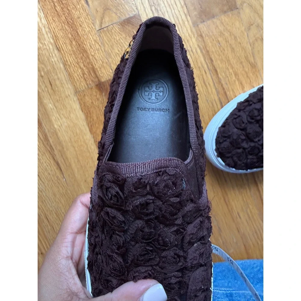 Tory Burch Rosette Slip On Platform Sneakers Brown Floral Shoes 6M 32158228